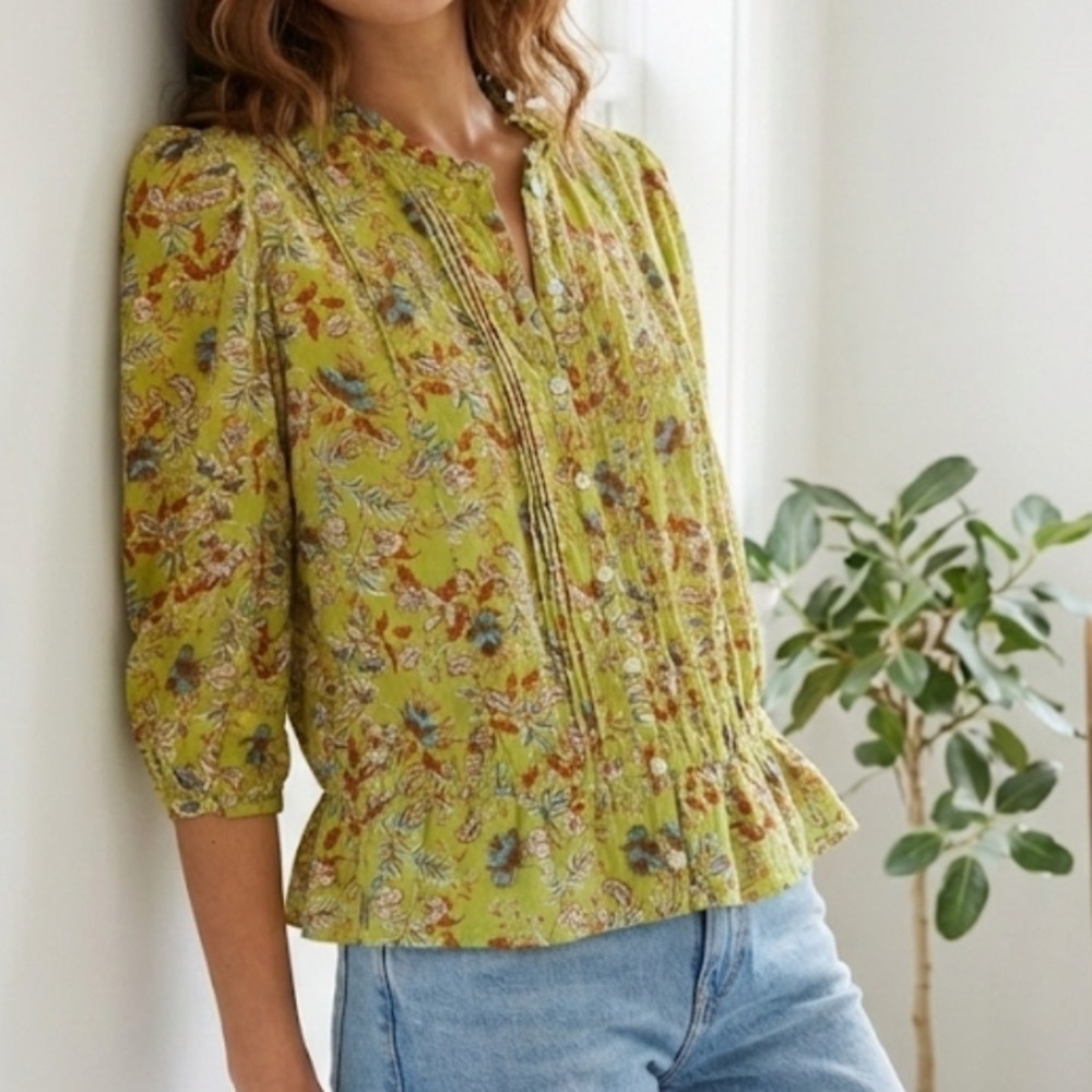 Sam Edelman Large Green Floral Button Up Blouse Elastic Waist Pleated Detail L
